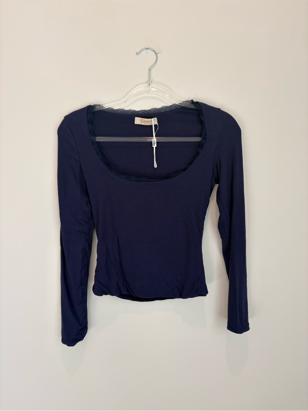 Ribbed Navy Scoop-Neck Long Sleeve Top